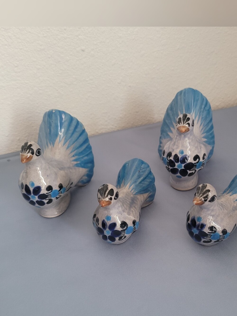 Hand-Painted Blue Ceramic Bird Figurines - Set of 4